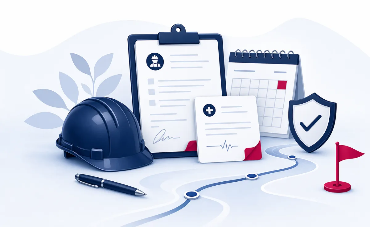 Ilustração com capacete, documentos e símbolo de proteção para guia de acidente de trabalho